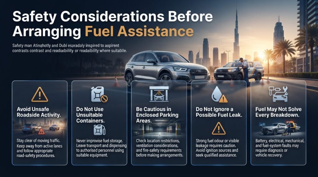 Fuel assistance safety guide for Dubai drivers covering roadside hazards, approved fuel containers, enclosed parking risks, fuel leaks, and vehicle breakdowns.