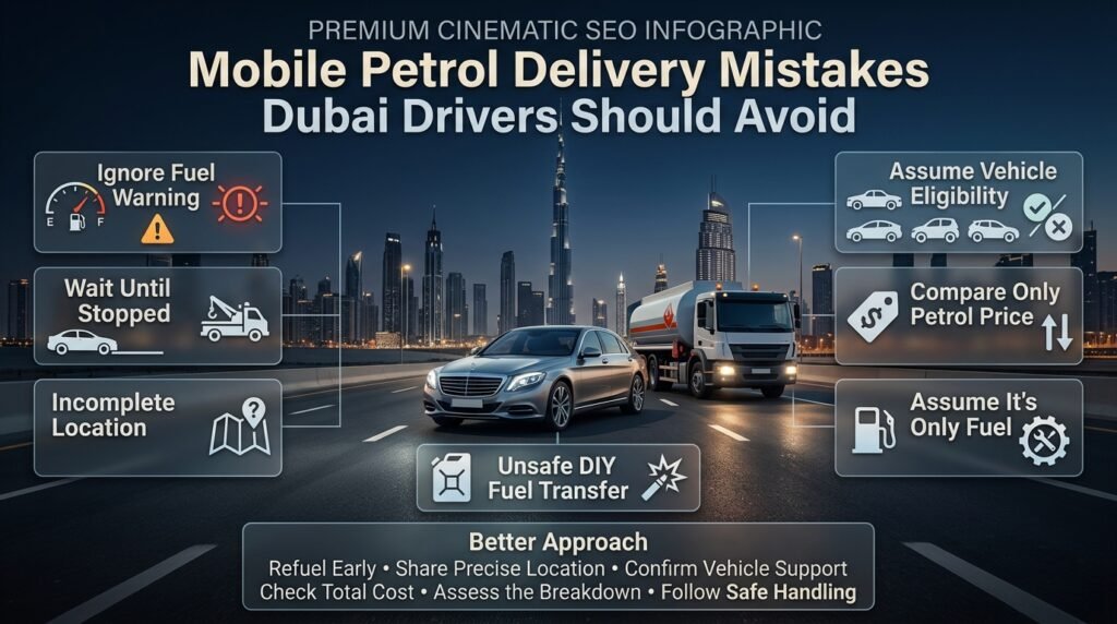 Mobile petrol delivery mistakes in Dubai including ignoring fuel warnings, poor location details, vehicle eligibility and unsafe fuel handling.