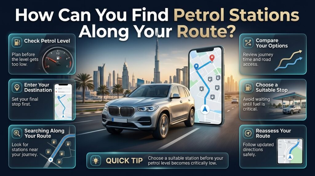 Find petrol stations along your route in Dubai using navigation maps, route comparisons, petrol-level checks, and safe driving guidance.