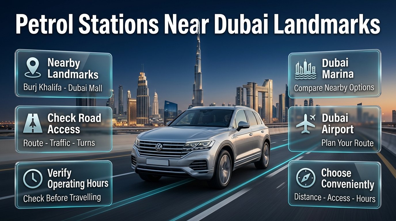 Petrol stations near Dubai landmarks featuring Burj Khalifa, Dubai Mall, Dubai Marina, and Dubai International Airport in a premium location guide infographic.Petrol Stations Near Dubai Landmarks: Complete Location Guide