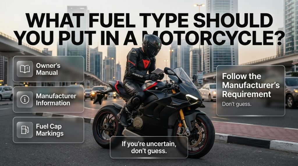 Motorcycle rider checking the correct fuel requirement using the owner’s manual, fuel cap markings, and manufacturer information