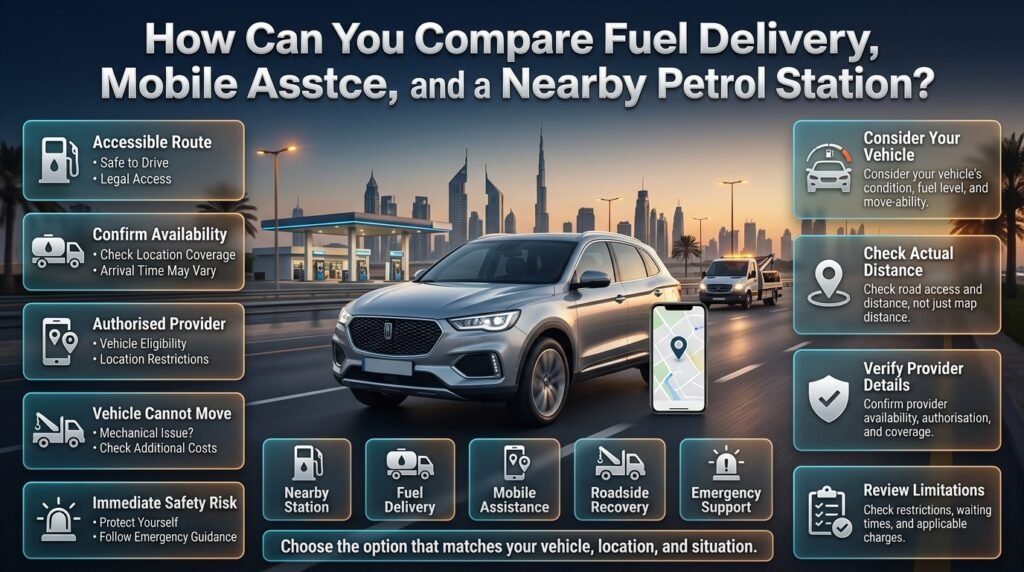 Compare fuel delivery, mobile assistance, roadside recovery, and nearby petrol stations in Dubai based on vehicle condition, accessibility, and availability.
