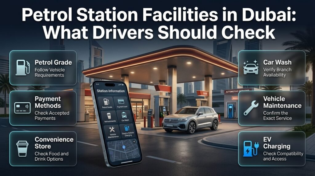 Explore petrol station facilities in Dubai, including petrol grades, payment methods, convenience stores, car washes, vehicle maintenance, and EV charging.