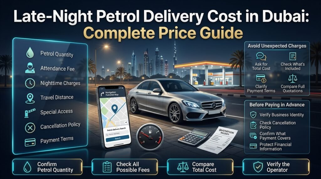 Late-night petrol delivery cost in Dubai infographic showing a car, petrol station, price factors, extra charges, payment precautions, and cost comparison tips.