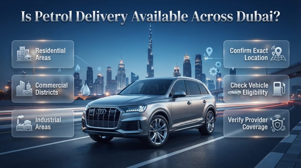 Petrol delivery availability across Dubai, showing a modern SUV and coverage considerations for residential, commercial, and industrial areas.