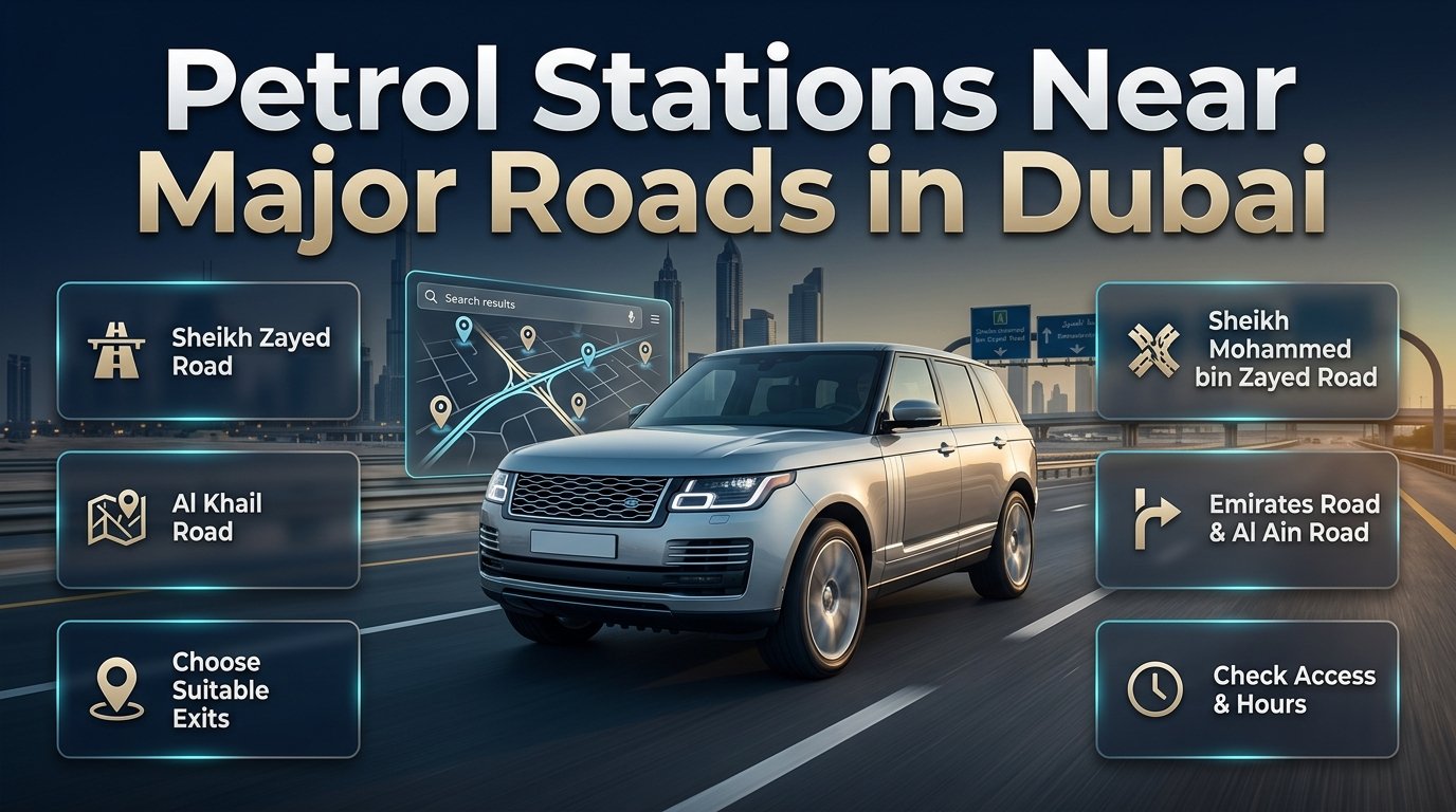 Petrol stations near major roads in Dubai, featuring a modern car, highway navigation, nearby refuelling options, and major Dubai road routes.Petrol Stations Near Major Roads in Dubai: Complete Guide