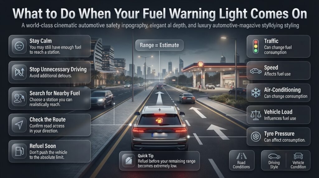 Fuel warning light guide showing how drivers can safely find nearby fuel, check the route, and refuel before the tank becomes critically low