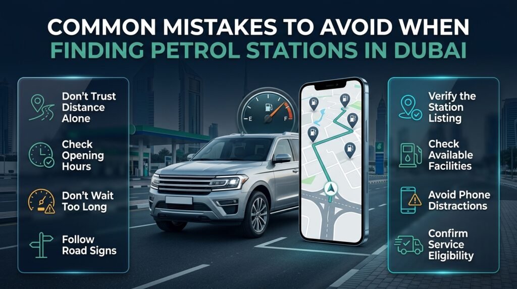 Common petrol station search mistakes in Dubai, including incorrect route choices, outdated opening hours, low petrol levels, unsafe navigation, and unverified services.