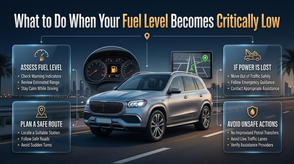 What to do when your fuel level becomes critically low, including safe driving, finding a petrol station, and roadside assistance.