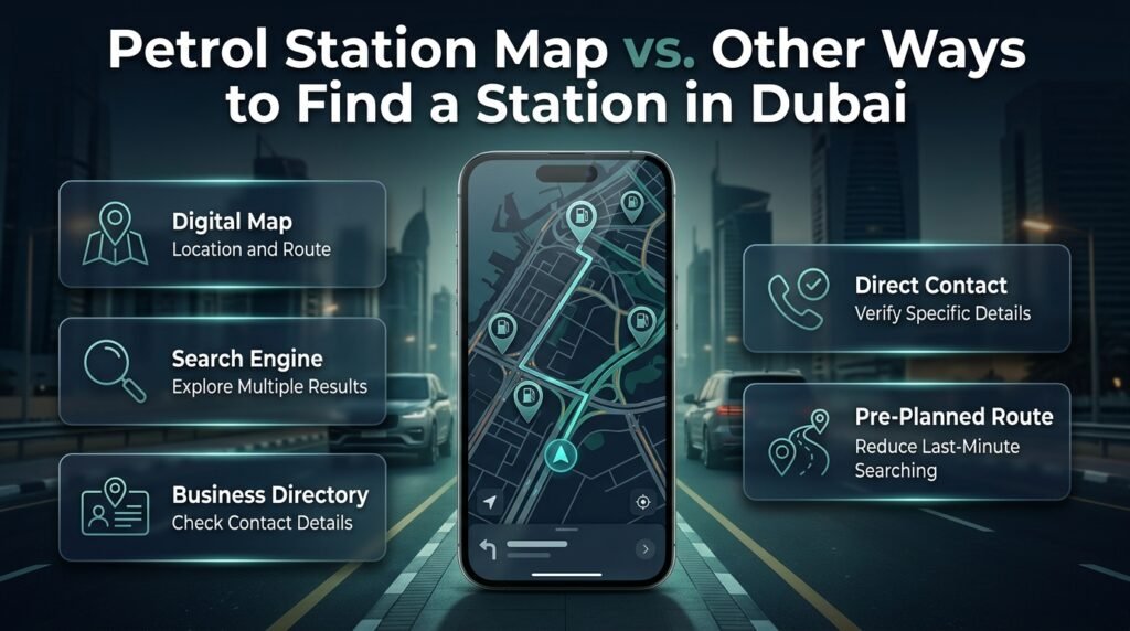 Petrol station map vs. other search methods in Dubai, comparing digital maps, search engines, business directories, direct contact, and route planning.