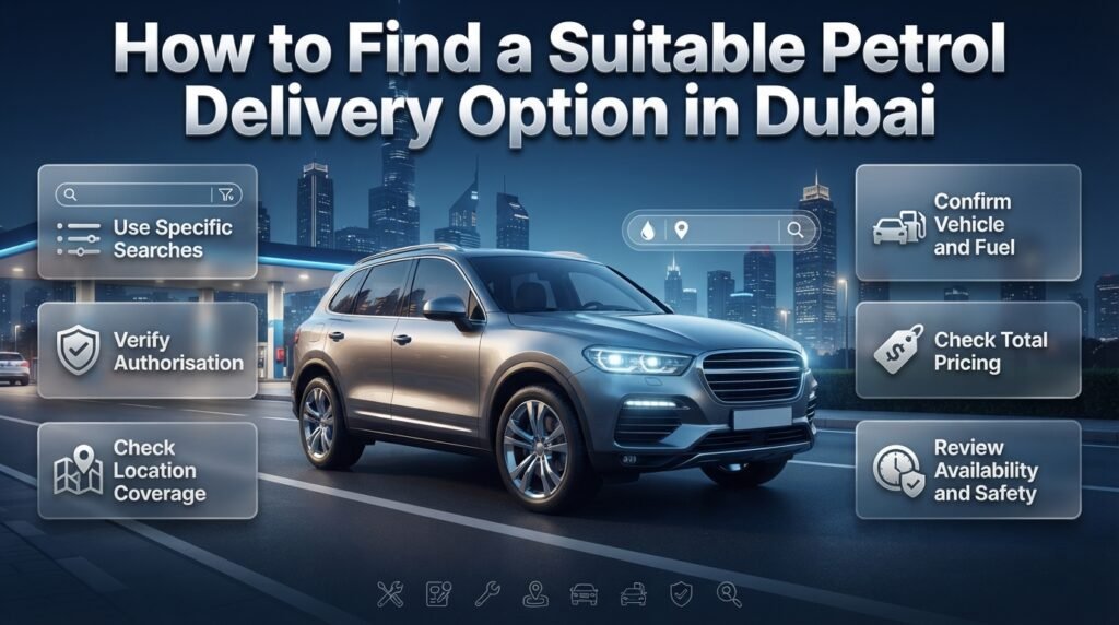 How to find petrol delivery in Dubai by checking provider authorisation, service coverage, vehicle compatibility, fuel type, pricing, and safety.
