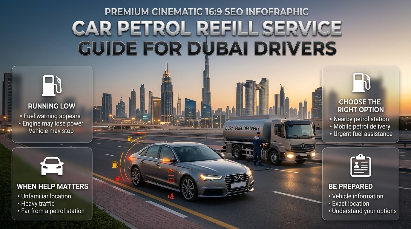 Car petrol refill service guide showing emergency refuelling, petrol delivery, and safe options for drivers in Dubai. Car Petrol Refill Service Guide for Dubai Drivers