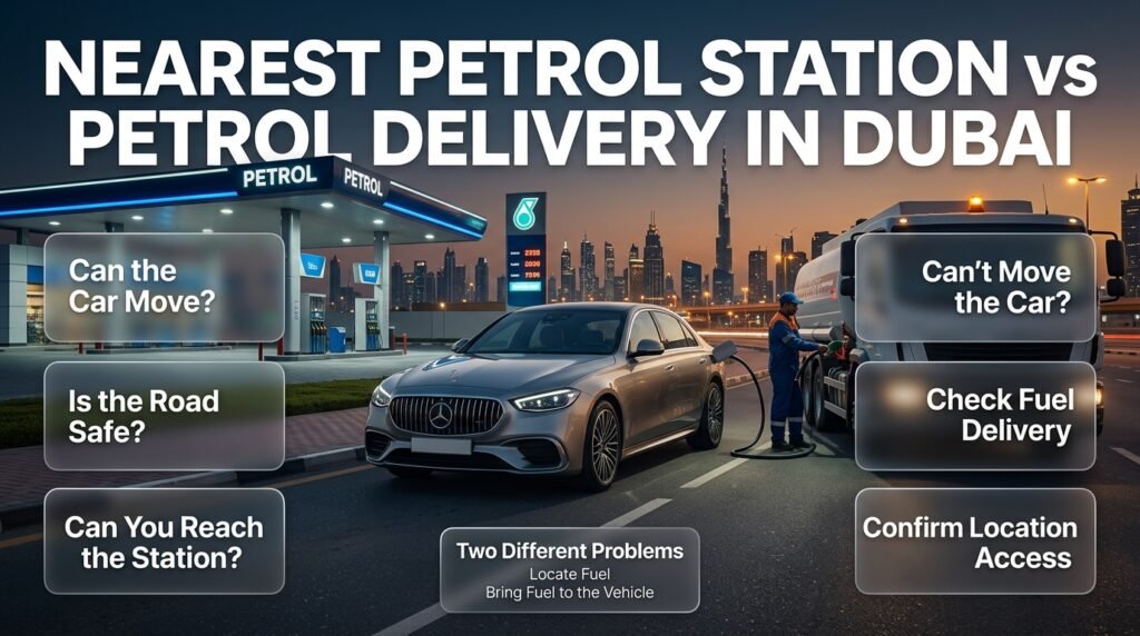 Nearest petrol station vs petrol delivery in Dubai when a car is running low or has stopped and cannot safely reach a station.