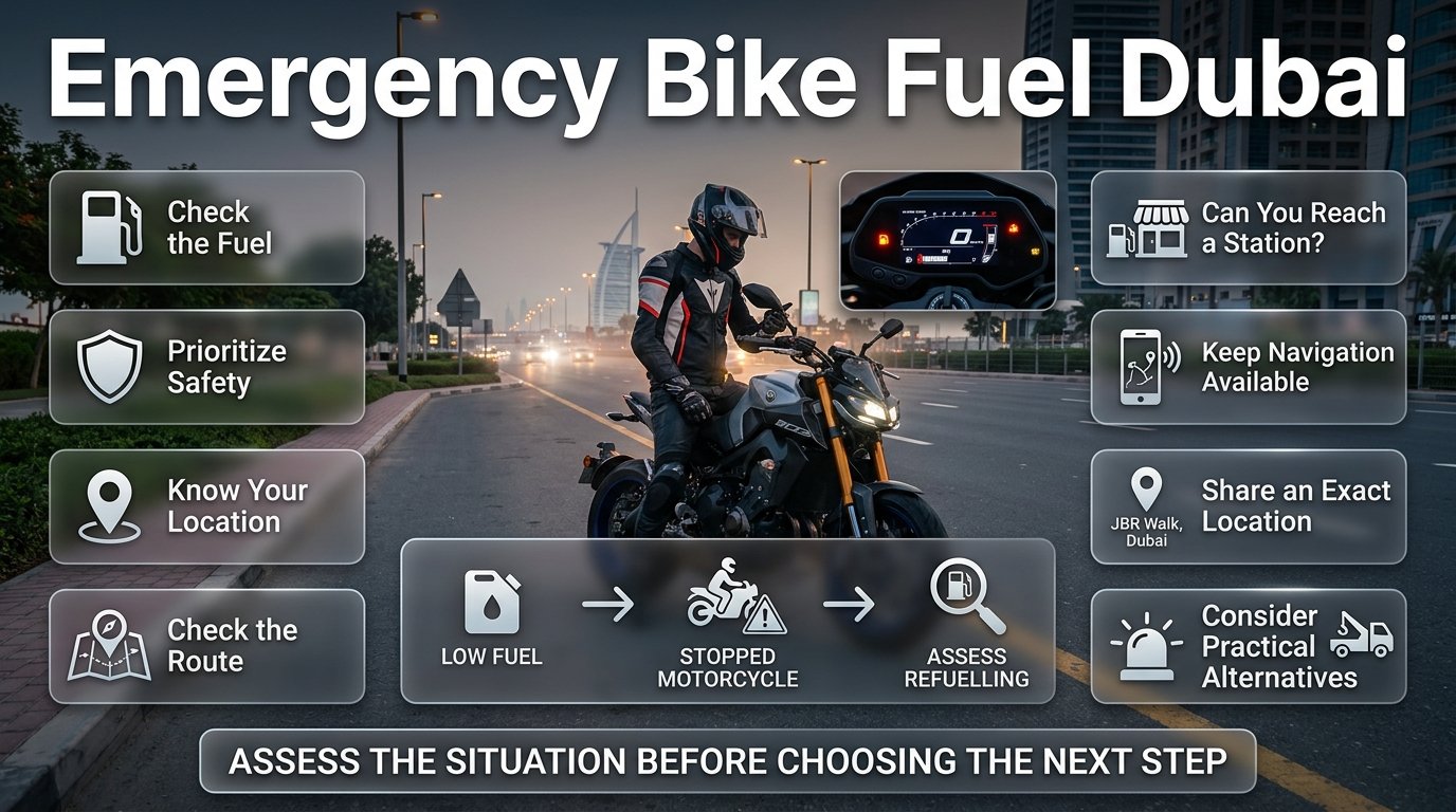 Emergency bike fuel Dubai guide showing a stranded motorcycle, low fuel warning, nearby petrol station, navigation, and practical next steps. Emergency Bike Fuel Dubai – Motorcycle Fuel Emergency Guide