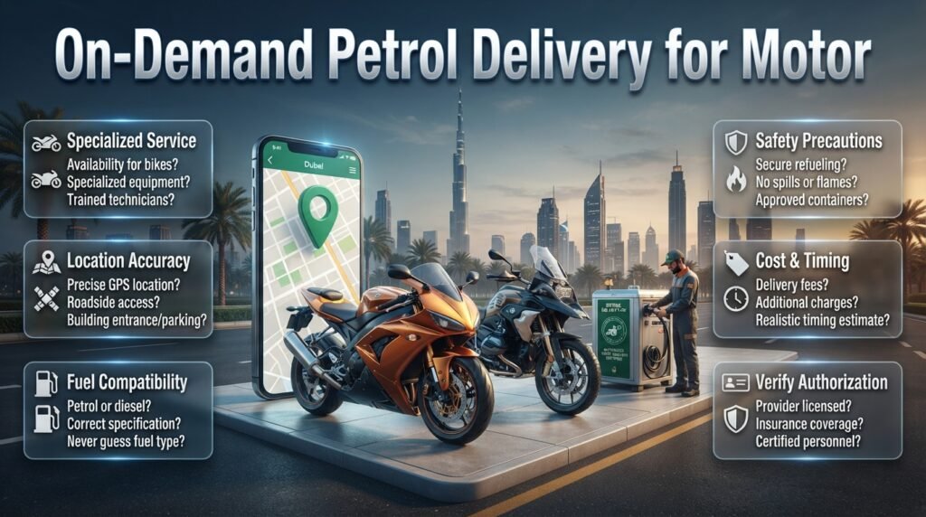 On-demand petrol delivery for motorcycles and bikes in Dubai, featuring a stranded rider, motorcycle, location tracking, fuel requirements, and safety checks.