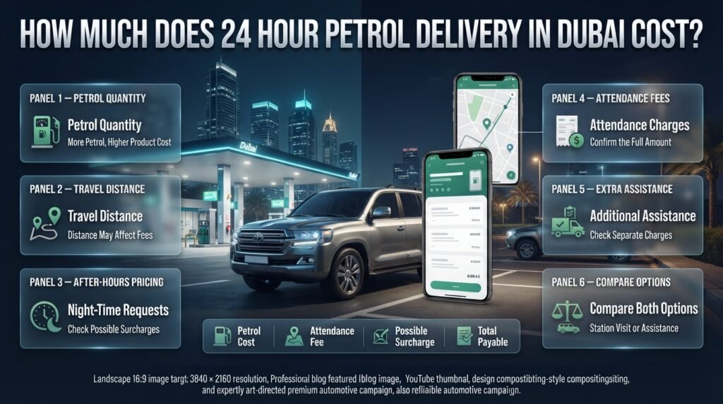 24 hour petrol delivery Dubai cost infographic comparing petrol prices, delivery fees, night surcharges, and visiting a petrol station.