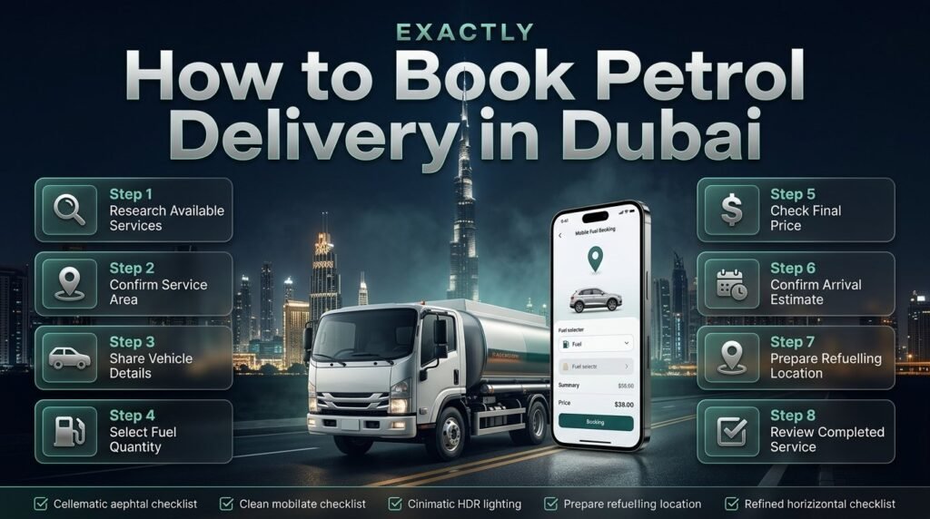 How to book petrol delivery in Dubai infographic showing eight booking steps, from choosing a provider to confirming fuel delivery and payment.