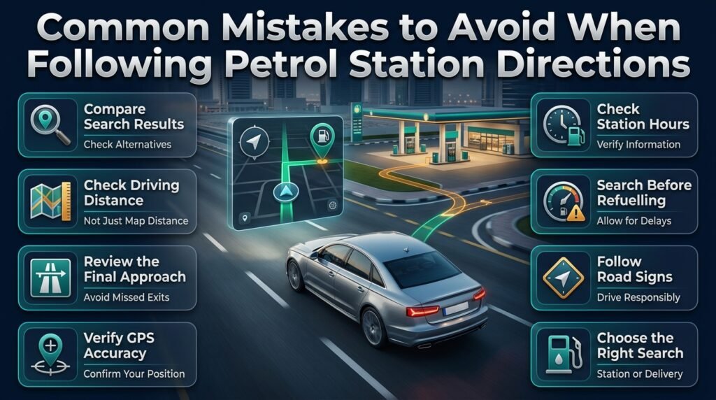 Common petrol station navigation mistakes in Dubai, including incorrect GPS locations, missed exits, traffic delays, and unverified operating hours.