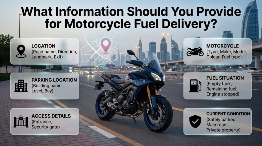 Motorcycle fuel delivery Dubai information guide showing location, motorcycle details, fuel needs, and emergency situation details