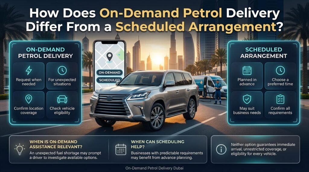 On-demand vs scheduled petrol delivery Dubai infographic comparing flexible requests, advance planning, vehicle eligibility, location coverage, and availability.