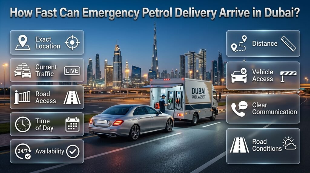 Emergency petrol delivery response time in Dubai showing traffic, location, road access, distance, and vehicle accessibility factors.
