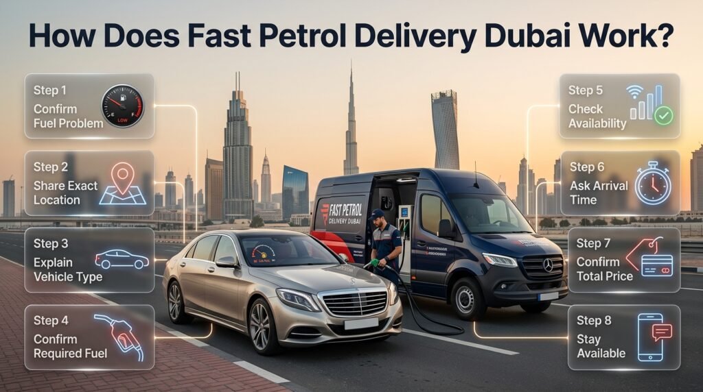 How fast petrol delivery Dubai works, from confirming the fuel problem and location to vehicle details, availability, arrival time, and price.