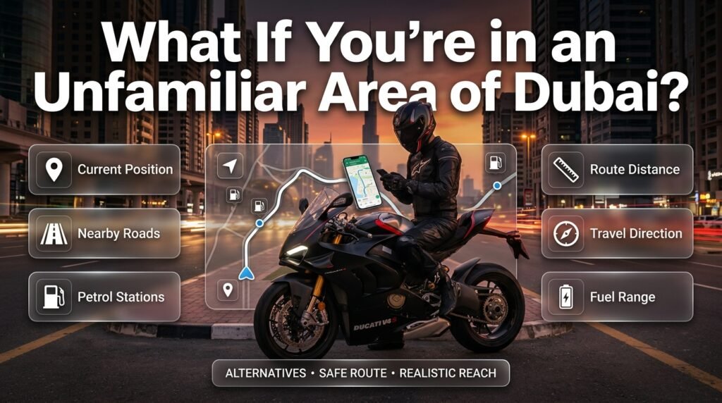 Motorcycle rider in an unfamiliar Dubai area using a map to find nearby petrol stations, routes, distances, and safe alternatives.