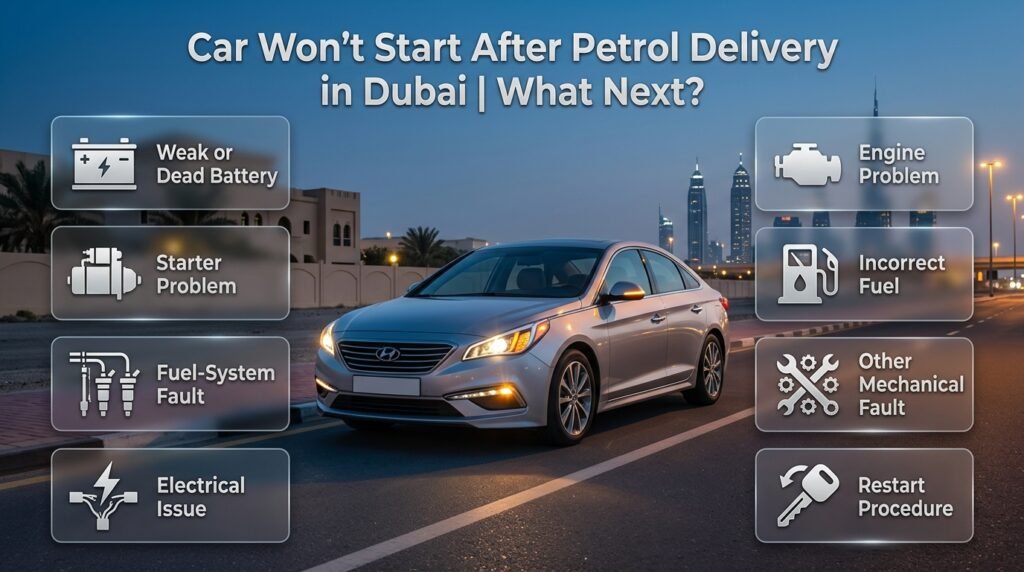 Car not starting after petrol delivery in Dubai, showing possible battery, starter, fuel system, electrical and engine problems.