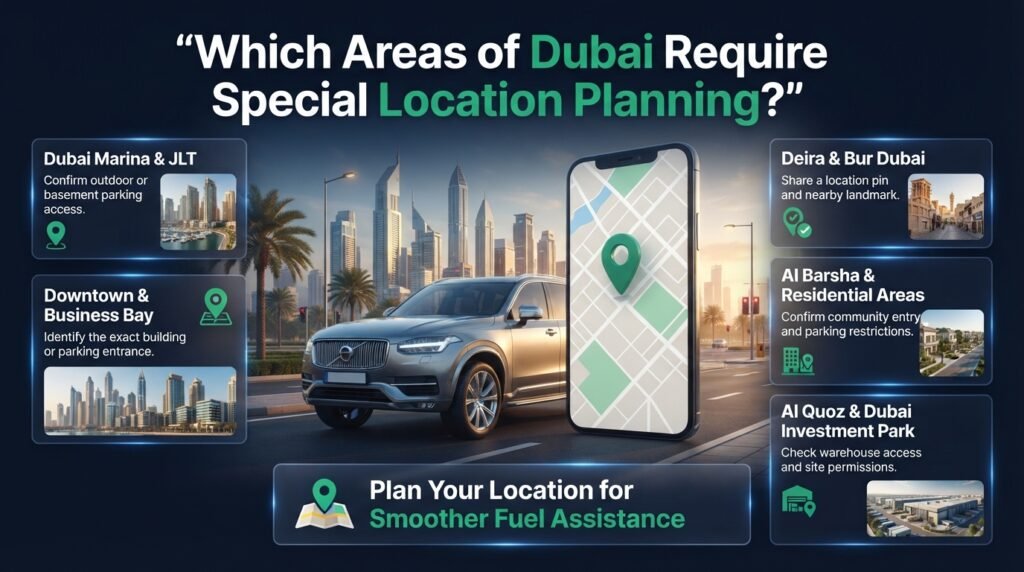 Dubai mobile fuel delivery location guide covering Marina, JLT, Downtown, Deira, Al Barsha and Al Quoz access and parking considerations.