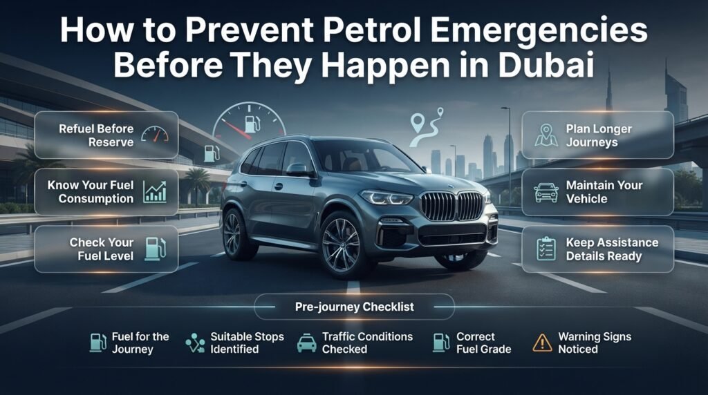How to prevent petrol emergencies in Dubai with fuel-level checks, journey planning, vehicle maintenance, and smart refuelling habits.
