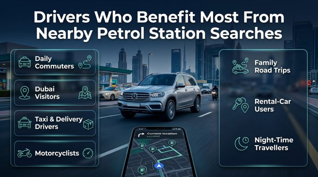 Drivers in Dubai using location-based petrol station searches for commuting, taxi routes, motorcycle refuelling, family road trips, and night travel.