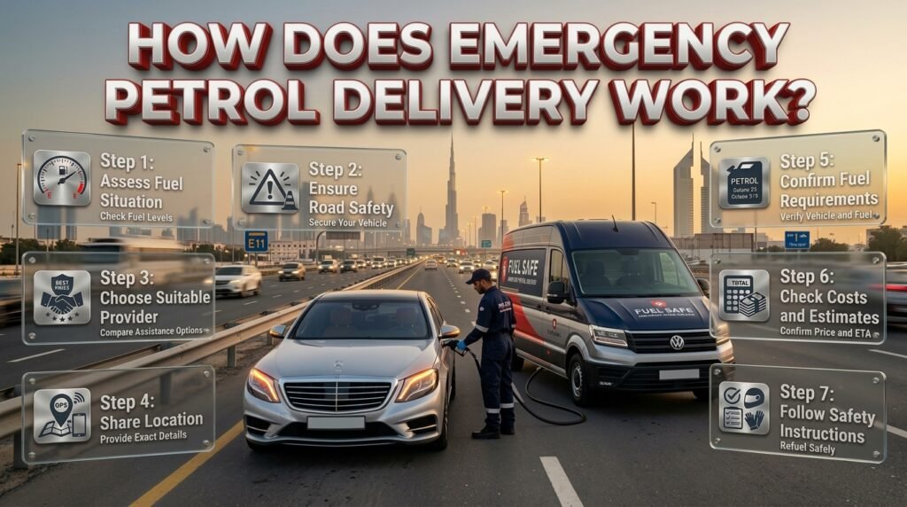 How emergency petrol delivery works in Dubai, showing seven steps from checking fuel levels and sharing location to safe refuelling.