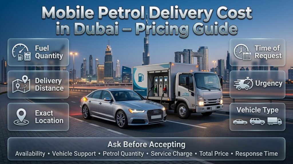 Mobile petrol delivery cost in Dubai explained through fuel quantity, distance, location, urgency, vehicle type and service charges.