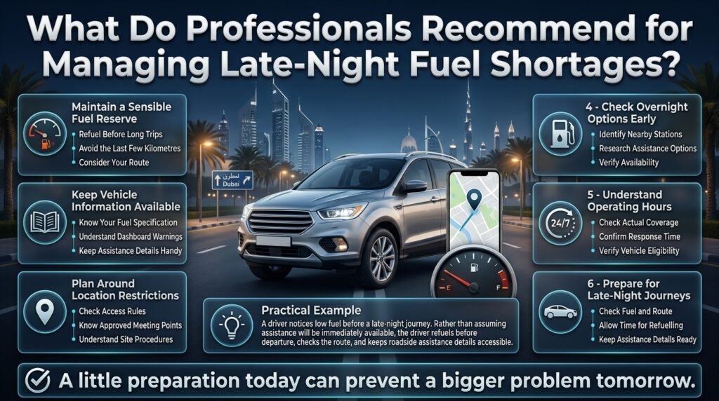 Late-night fuel shortage tips in Dubai featuring a silver car, fuel gauge, route planning, overnight petrol options, vehicle information, and safety preparation.
