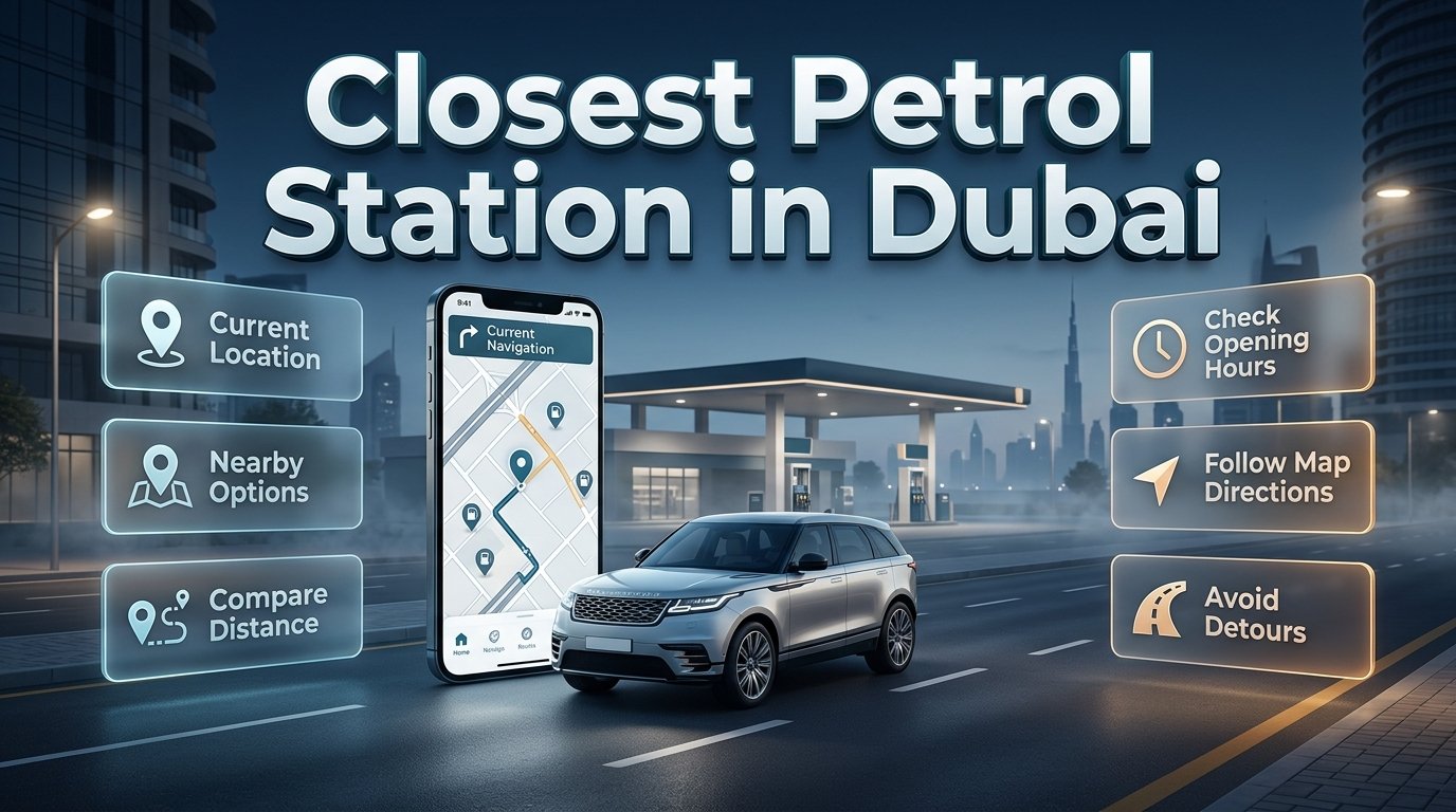 Closest petrol station in Dubai with a navigation map, nearby petrol station locations, road directions, and vehicle refuelling guidance.Closest Petrol Station in Dubai – Find Nearby Refuelling Options