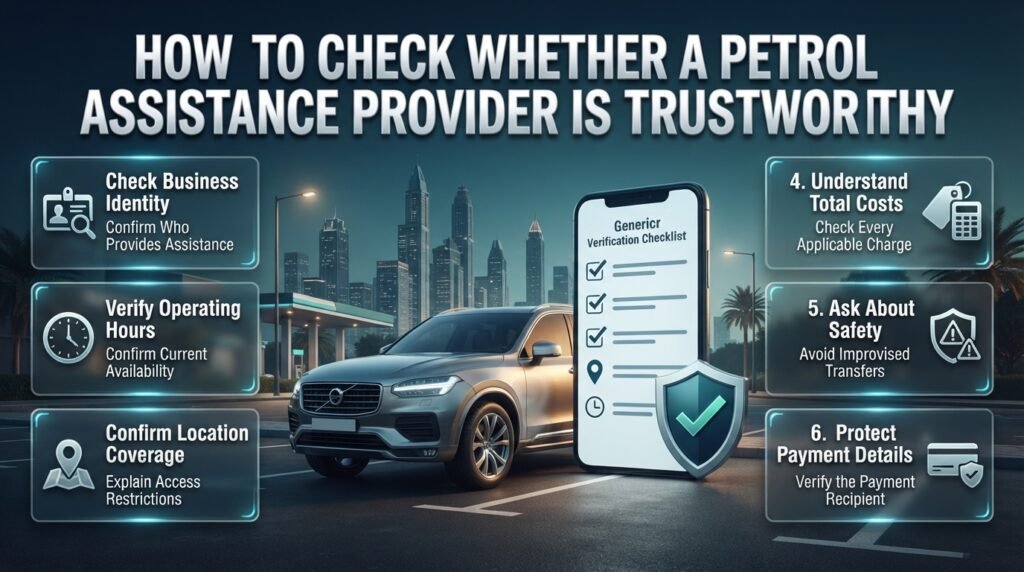 Dubai petrol assistance infographic showing provider verification, operating hours, location coverage, transparent pricing, and roadside safety checks.