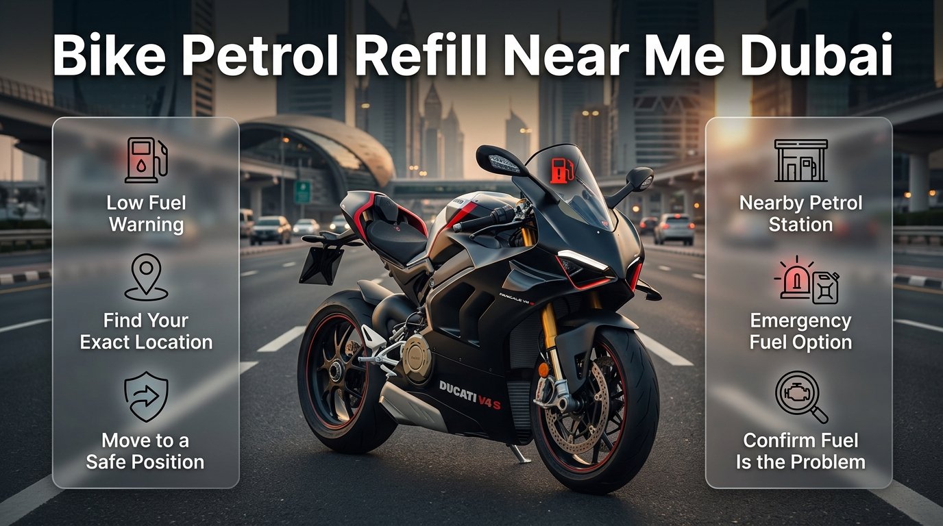 Bike petrol refill near me Dubai guide showing a motorcycle, low fuel warning, nearby petrol station, and emergency refill options. Bike Petrol Refill Near Me Dubai – Motorcycle Fuel Guide