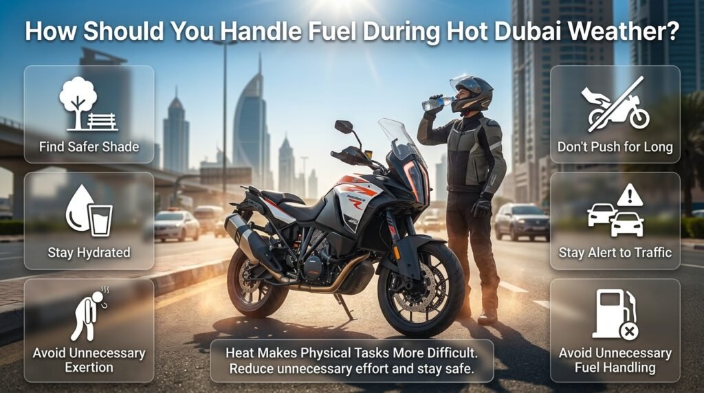 Motorcycle rider stranded in hot Dubai weather, seeking shade, staying hydrated, avoiding exertion, traffic, and unnecessary fuel handling