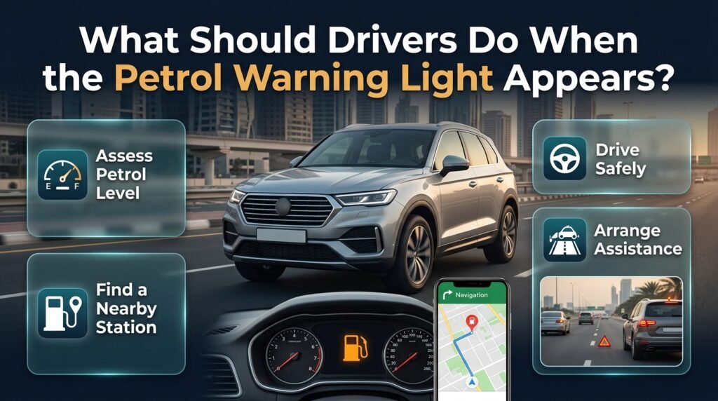 Dubai petrol warning light guide showing a silver SUV, low petrol dashboard symbol, smartphone navigation, and safe roadside assistance.