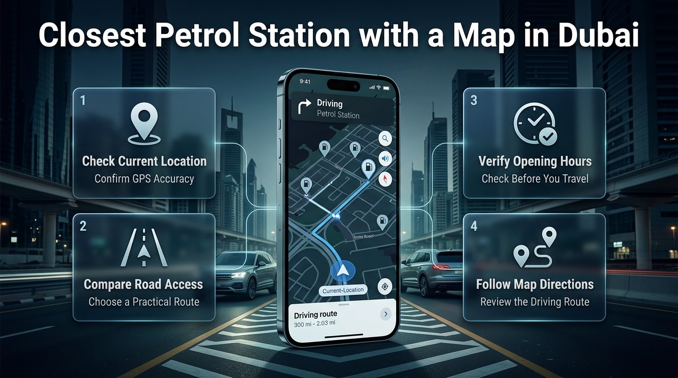 Closest petrol station with a map in Dubai, showing nearby petrol stations, GPS location, road access, and navigation directions.Closest Petrol Station with a Map in Dubai | Find Nearby Stations