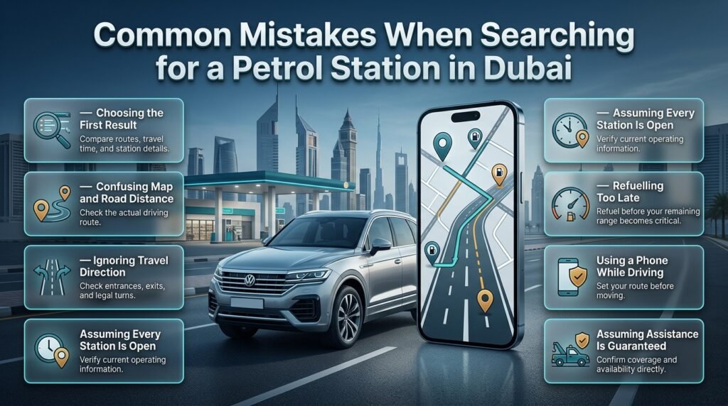 Common petrol station search mistakes in Dubai, including incorrect map distances, traffic access, opening hours, low fuel warnings, and unsafe phone use.