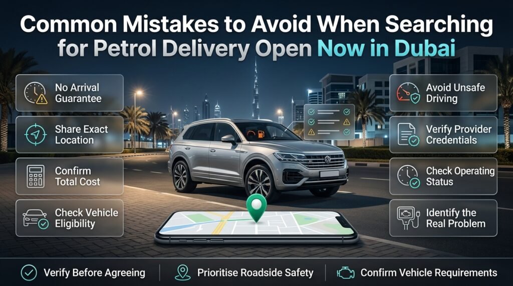 Petrol delivery Dubai infographic highlighting seven common mistakes involving availability, location accuracy, hidden charges, vehicle eligibility, and roadside safety.
