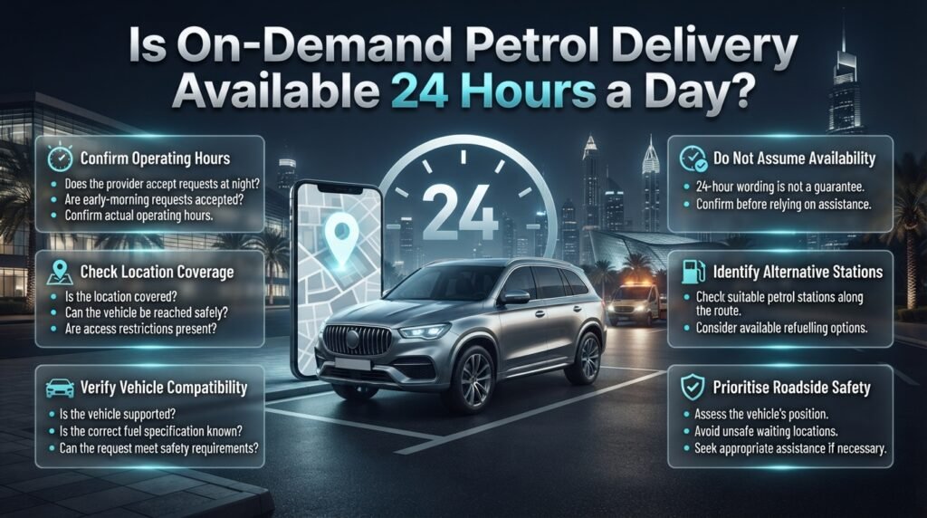 24-hour petrol delivery Dubai infographic showing a stranded car at night, Dubai skyline, roadside assistance, service availability checks, and safety precautions.