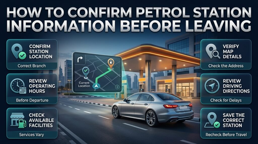 Confirm petrol station information in Dubai by checking the correct location, operating hours, available facilities, and driving directions.