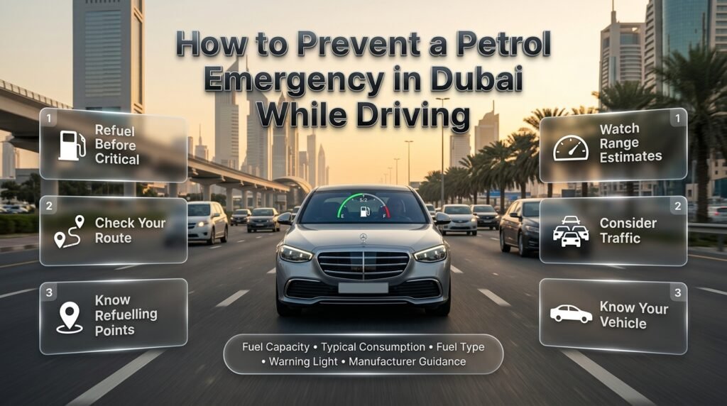 How to prevent a petrol emergency in Dubai with refuelling habits, route planning, fuel awareness, traffic, and vehicle knowledge.