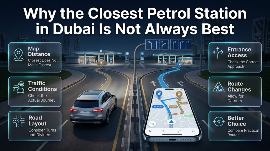 Compare nearby petrol stations in Dubai by driving routes, traffic, road access, junctions, and convenience instead of distance alone.