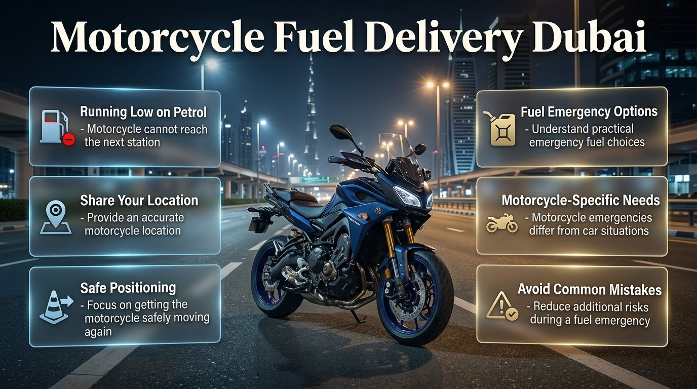 Motorcycle fuel delivery Dubai guide showing emergency petrol support, safe roadside positioning, location sharing, and fuel assistance Motorcycle Fuel Delivery Dubai Emergency Guide
