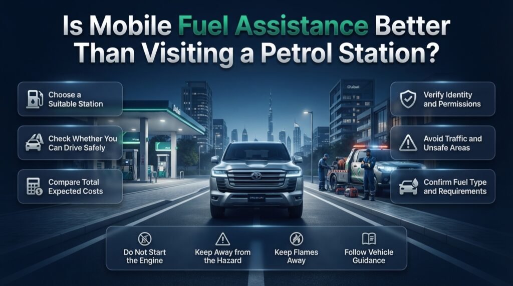 Expert tips for preventing fuel emergencies in Dubai, including refuelling early, monitoring fuel consumption, planning routes, and preparing roadside assistance.