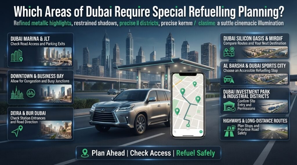 Dubai refuelling guide covering Marina, JLT, Downtown, Deira, Mirdif, Al Barsha, industrial districts, and highway fuel planning.