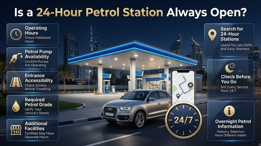 24-hour petrol station in Dubai at night, featuring an illuminated petrol pump station, SUV, navigation map, and operating-hours checklist.